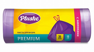 Мешки для мусора "PLUSHE"  Premium с завязками 15шт/рул. 35л.*35 / арт.19539