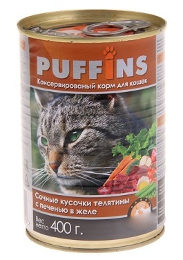 Puffins 415гр*20шт Телятина с печенью конс.корм для кошек (ж/б)