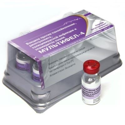 Мультифел-4 (10 доз/ уп) против панлейкопении,ринотрахеита,калицивирусной инфекции и хламидиоза кошек (t=от +2 до +8) VET