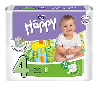 Детские подгузники BELLA ВАВY HAPPY с экстрактом зеленого чая 4 МАХI 8-18кг. 8шт.*16