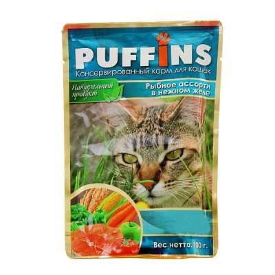 Puffins 100гр желе рыбное ассорти корм д/кошек/24шт