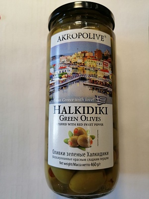 Оливки Халкидики зеленые фаршированные красным сладким перцем 460гр.*9 ст/б 