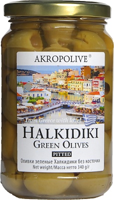 Оливки Халкидики зеленые без косточи 340гр.*12 ст/б 