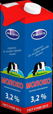 Молоко Экомилк ультрапастеризованное 3,2% 924мл.*12 (крышка) /0,950