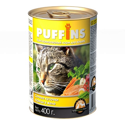Puffins 415гр*20шт Курица в желе корм для кошек (ж/б)