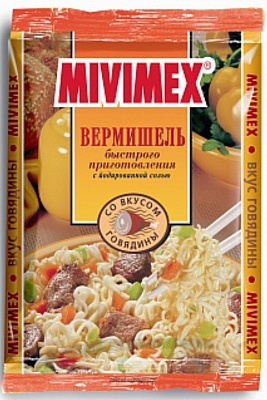 Вермишель б/п MIVIMEX 50гр*100шт со вкусом говядины (пакет)