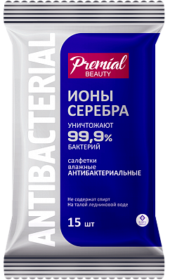 Салфетки влажные антибактериальные PREMIAL Ионы серебра (15шт) *24 / 64976