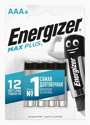 Батарейки ENERGIZER МАХ Plus LR03/Е92/ AАA 4шт/бл ("мизинчиковые") 1*2*12 / арт.Е301321701