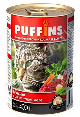 Puffins 415гр*20шт Говядина в желе корм для кошек (ж/б)